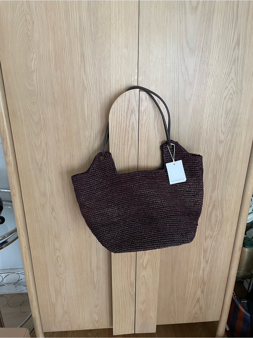 NWT Bembien Amaya Tote Bag in Dark Brown Raffia with Leather Straps - Picture 6 of 9